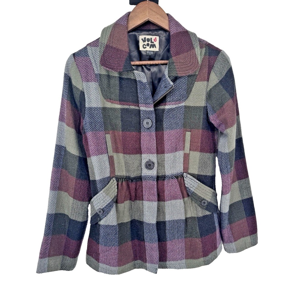Volcom Jacket Small Burgundy Gray Plaid To The Bone Wool Blend Blazer VTG Y2K